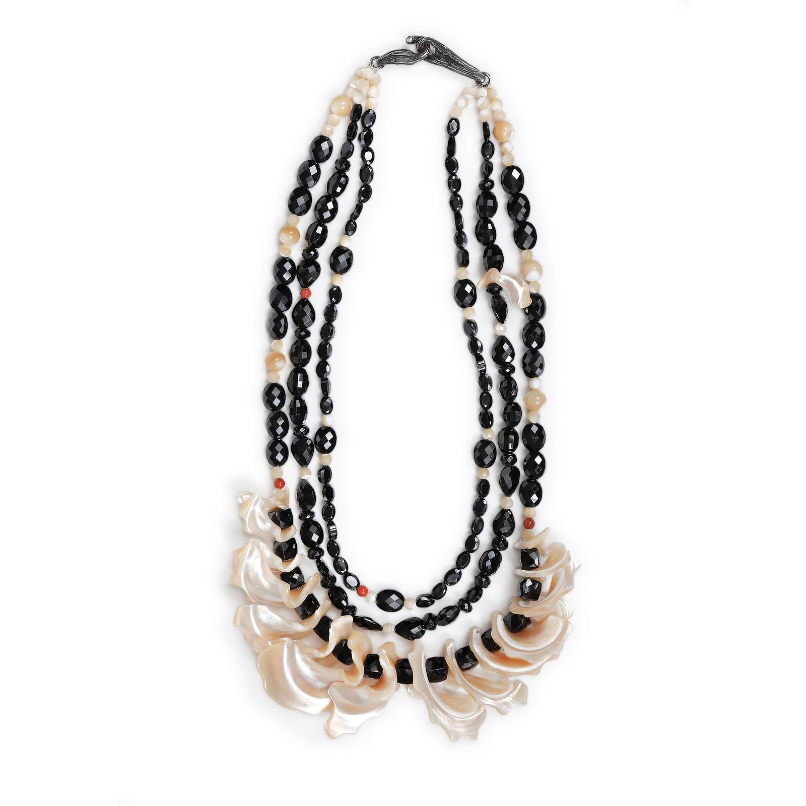 A Little Drama: Black Spinel, Mother of Pearl, Red Jasper, and Silver Necklace