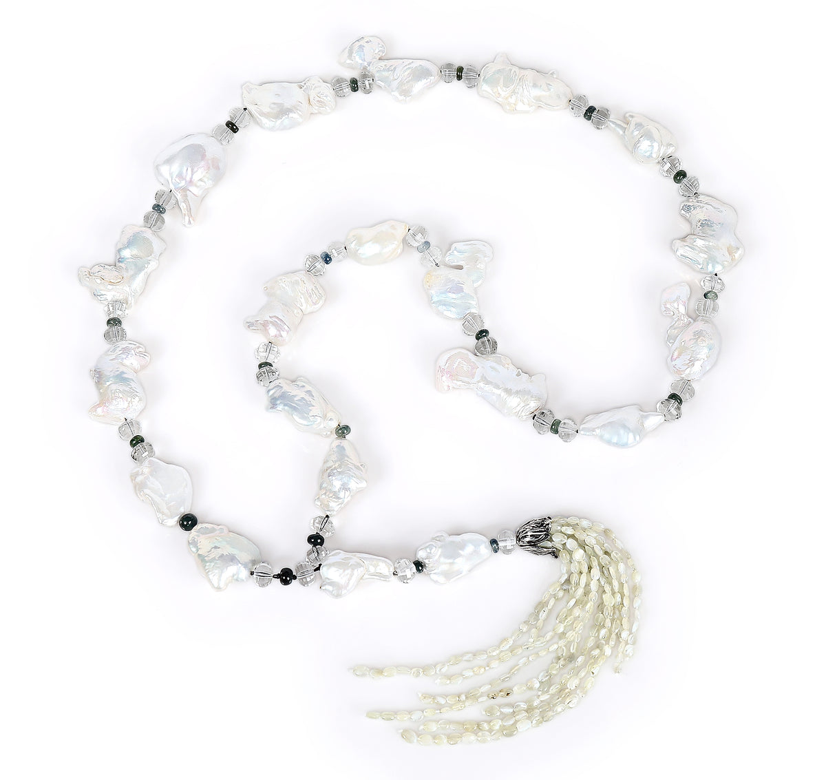 Beautiful Cat's Eyes: Pearl, Prasiolite, Sapphire, and Cat's Eye Chrysoberyl Rope Necklace