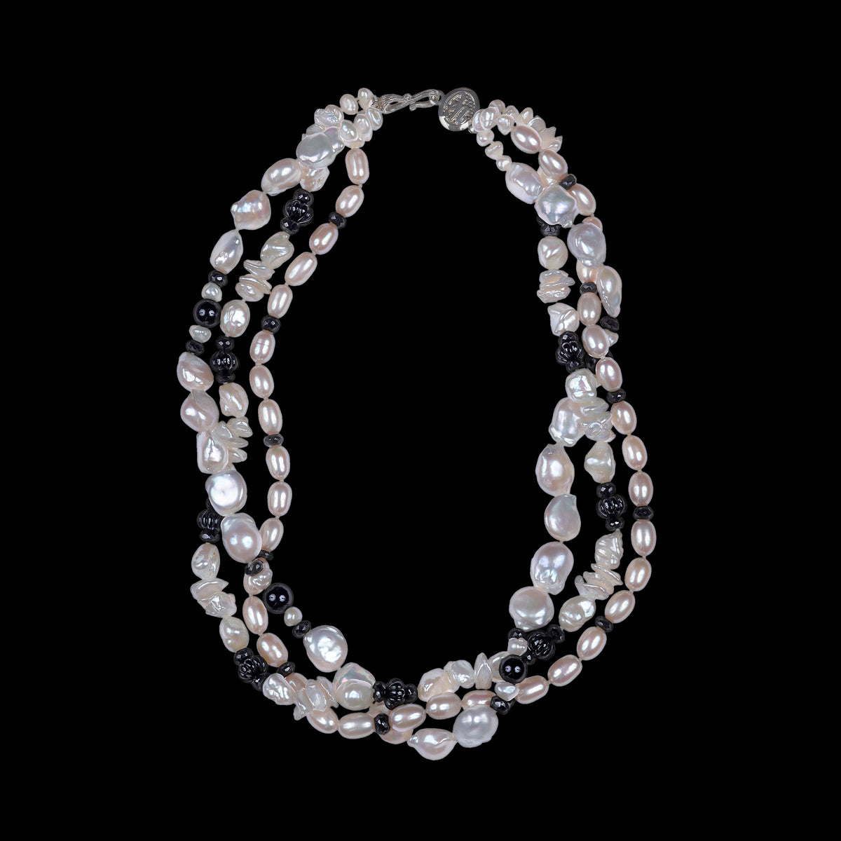 Black Tie: Three-Strand White Pearl and Black Tourmaline Necklace