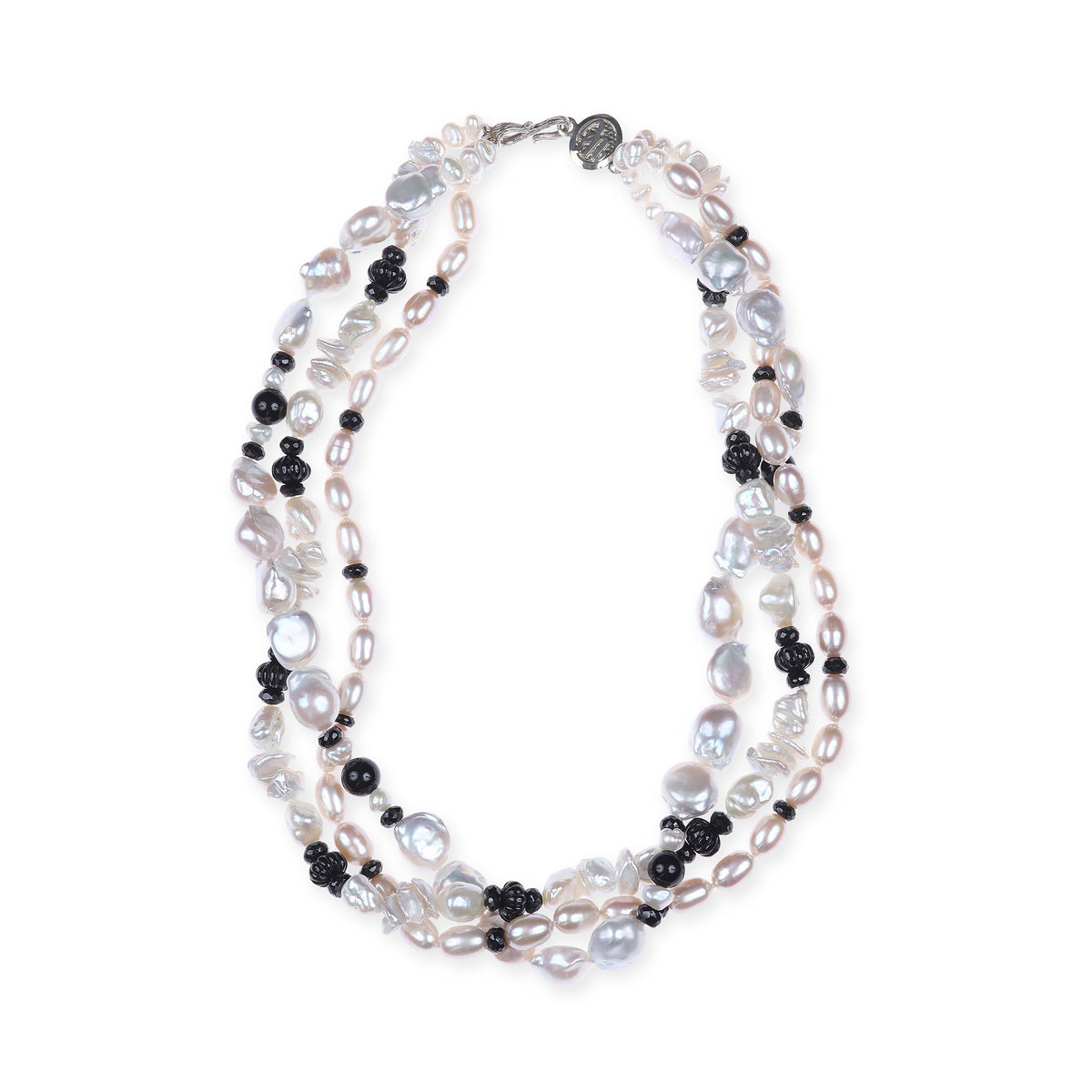 Black Tie: Three-Strand White Pearl and Black Tourmaline Necklace