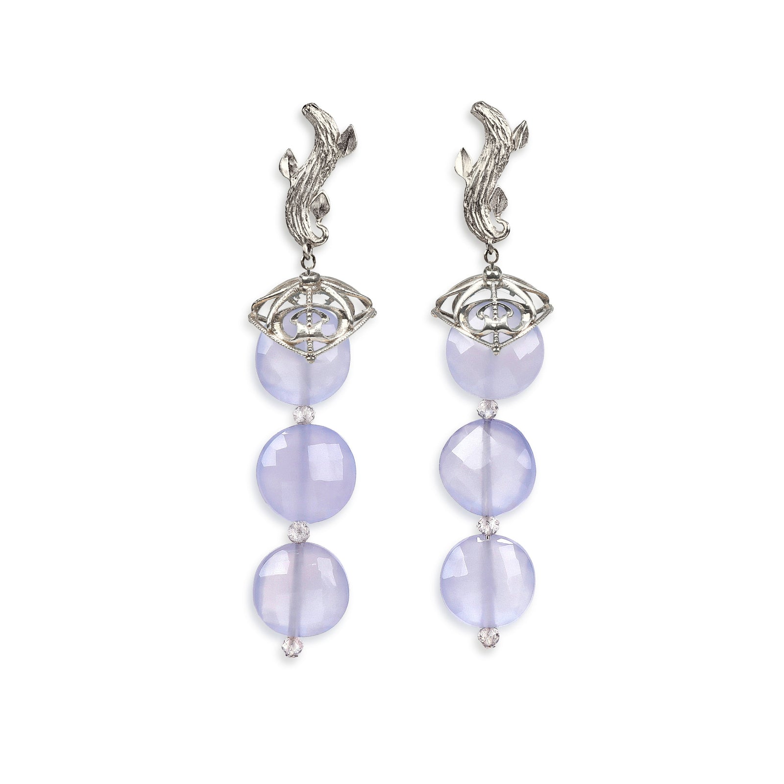 Blue Poppy: Blue Chalcedony, White Topaz, and Silver Earrings