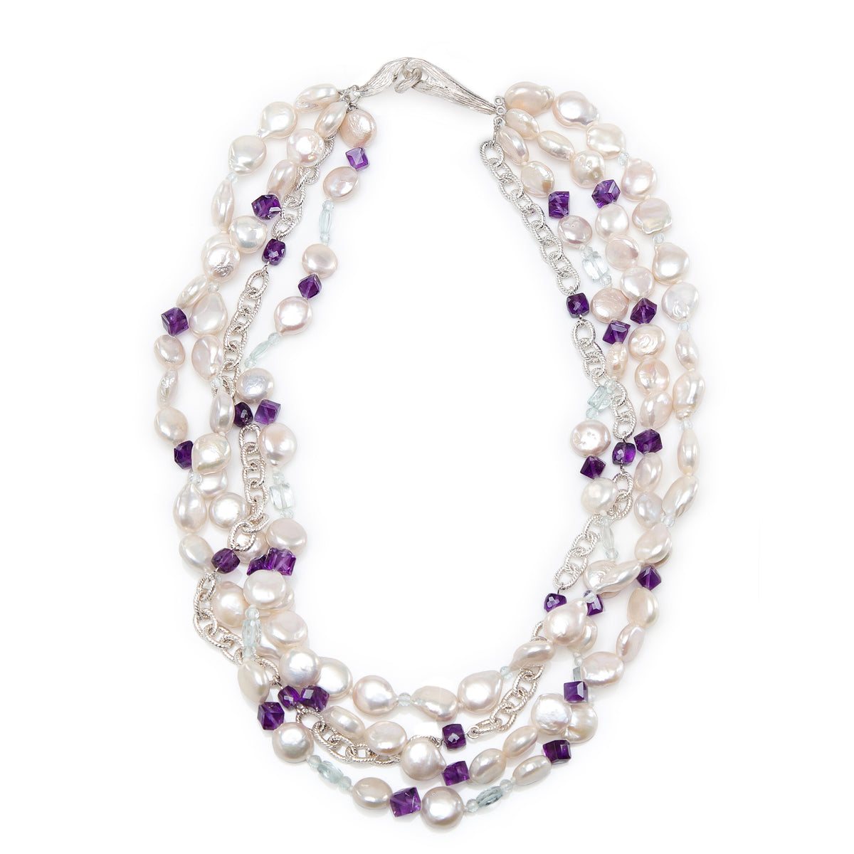 Elegance: Pearl, Amethyst, Aquamarine, and Silver Necklace