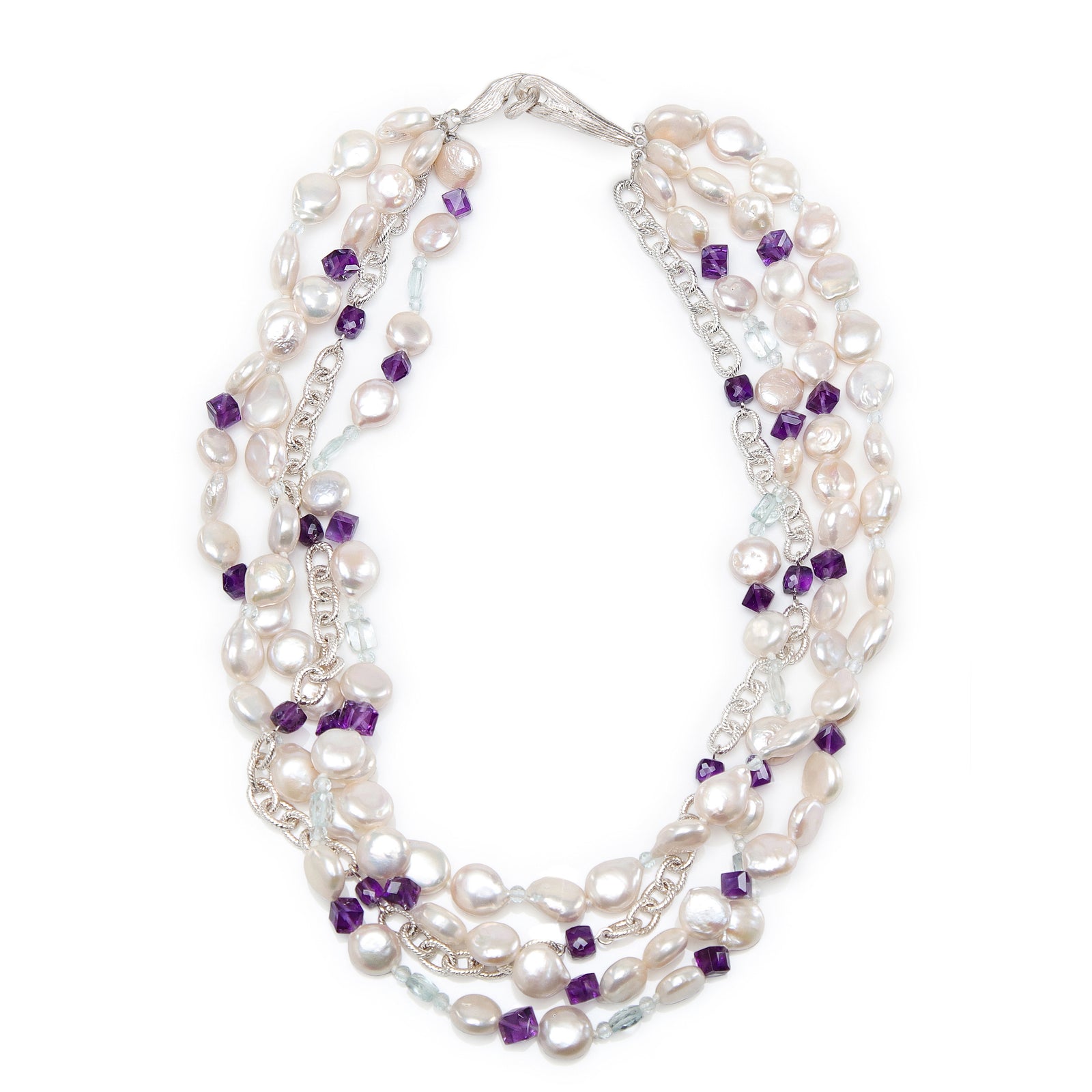 Elegance: Pearl, Amethyst, Aquamarine, and Silver Necklace